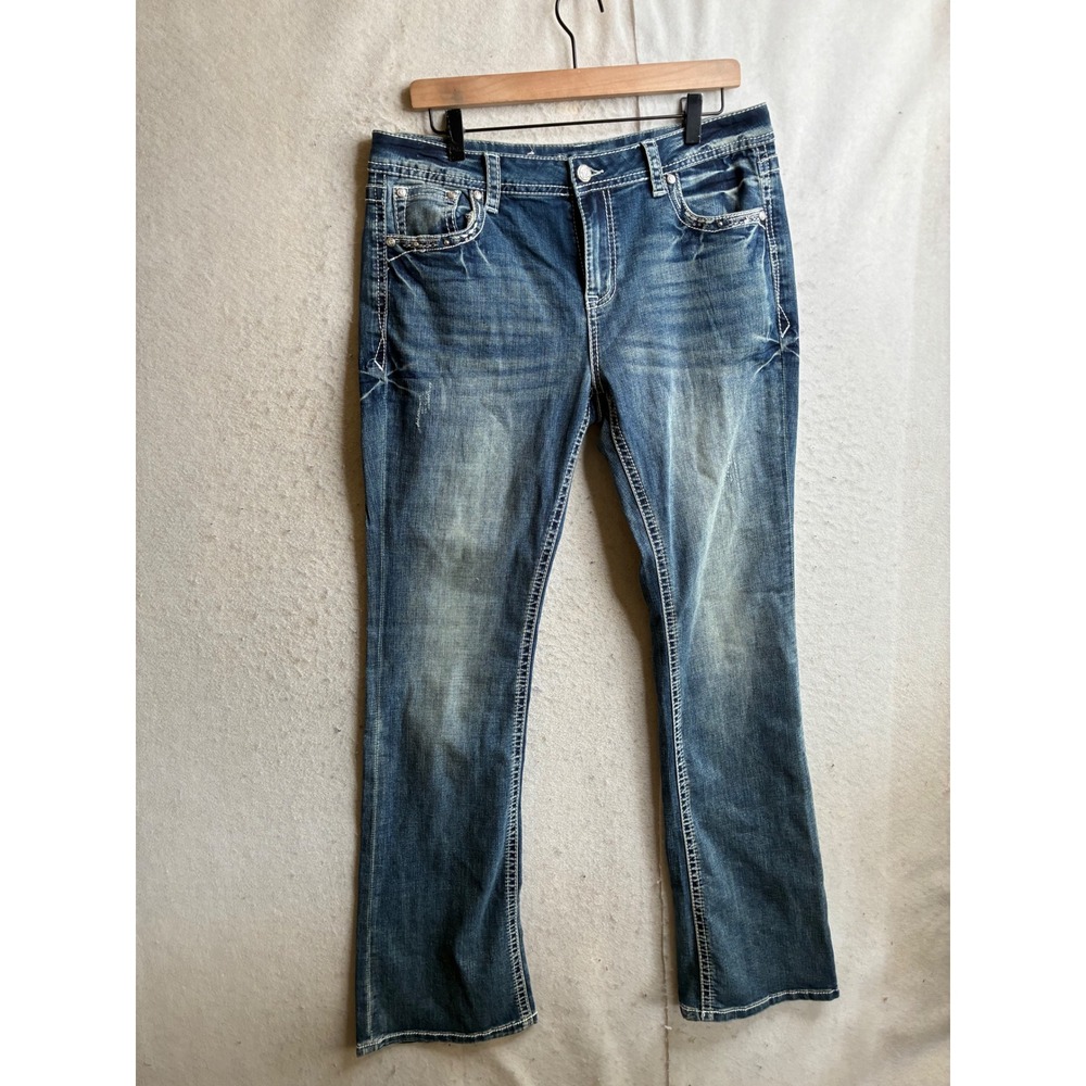 Grace in LA Easy Fit Bootcut Jeans Medium Wash Studded Embroidered Size 31